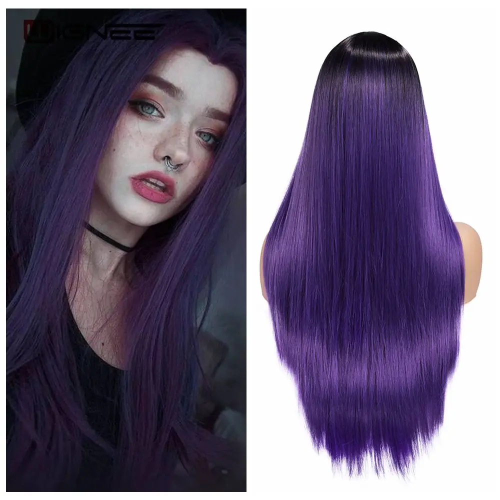 Wignee Long Synthetic Wig Straight Hair Middle Part For Women Ombre Purple Natural Hair Glueless Daily/Cosplay Female Hair Wigs