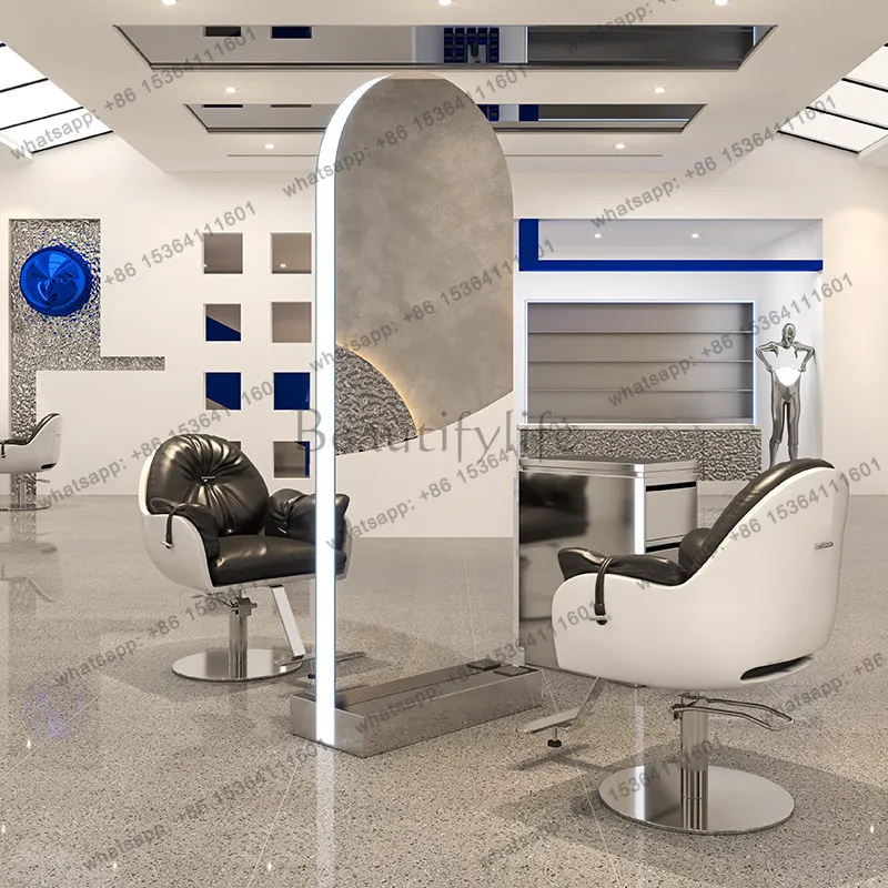 

New barber shop mirror hair salon special floor stainless steel hair cutting full body mirror with light