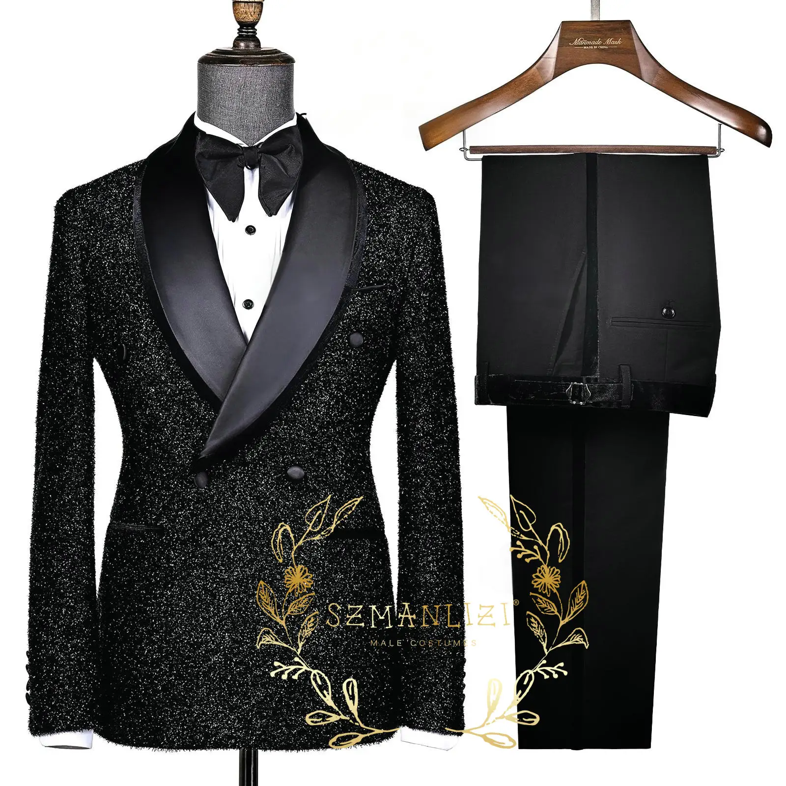 Trajes de hombre negros brillantes a la moda, chal ajustado con doble botonadura, solapa, chaqueta de 2 piezas, pantalones, ropa masculina, trajes de fiesta de graduación