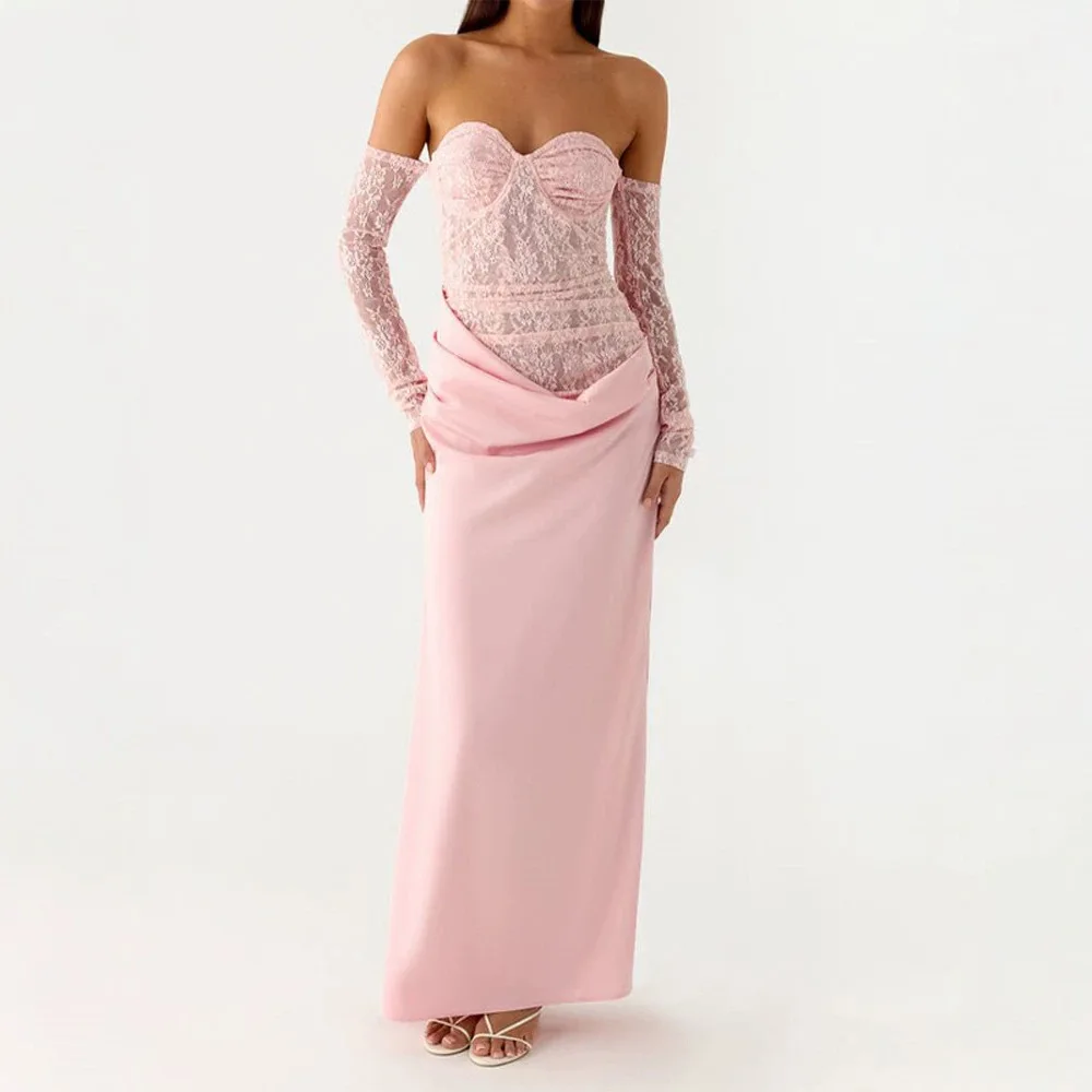 

Women's Sweet-Spicy Style Long Dress with Lace Bandeau, Spliced Satin, Off-the-Shoulder Design and Waist Cinching