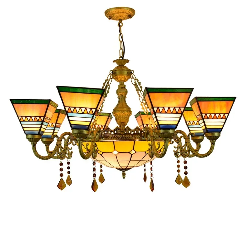 

Vintage square stained glass dining room bedroom multi-head crystal chandelier South East Asia style