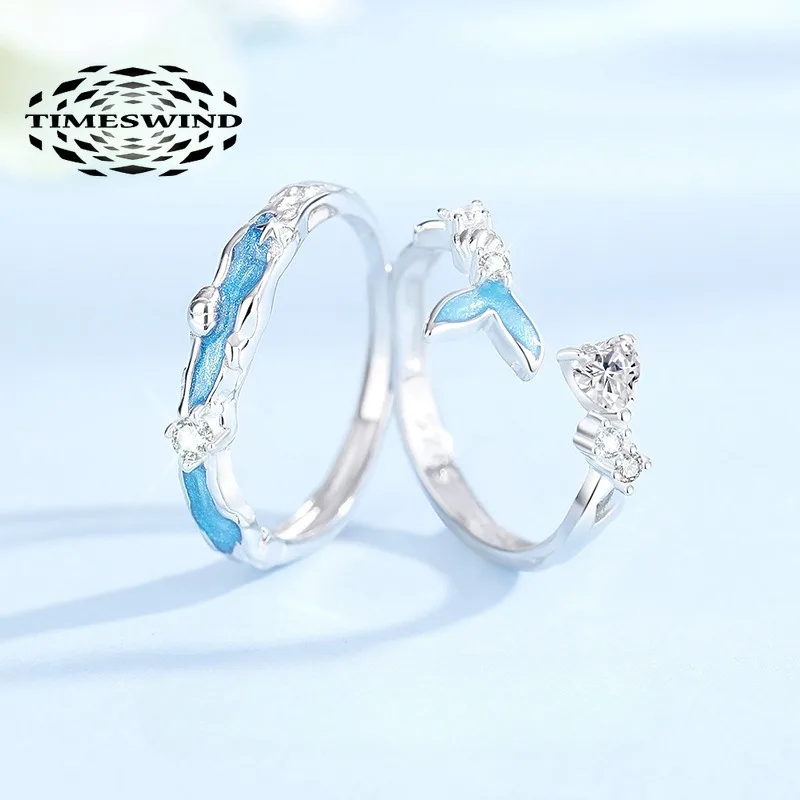 

TIMESWIND Premium S925 Silver Enamel Blue Fishtail Zircon Men Women Open Ring with Certificate