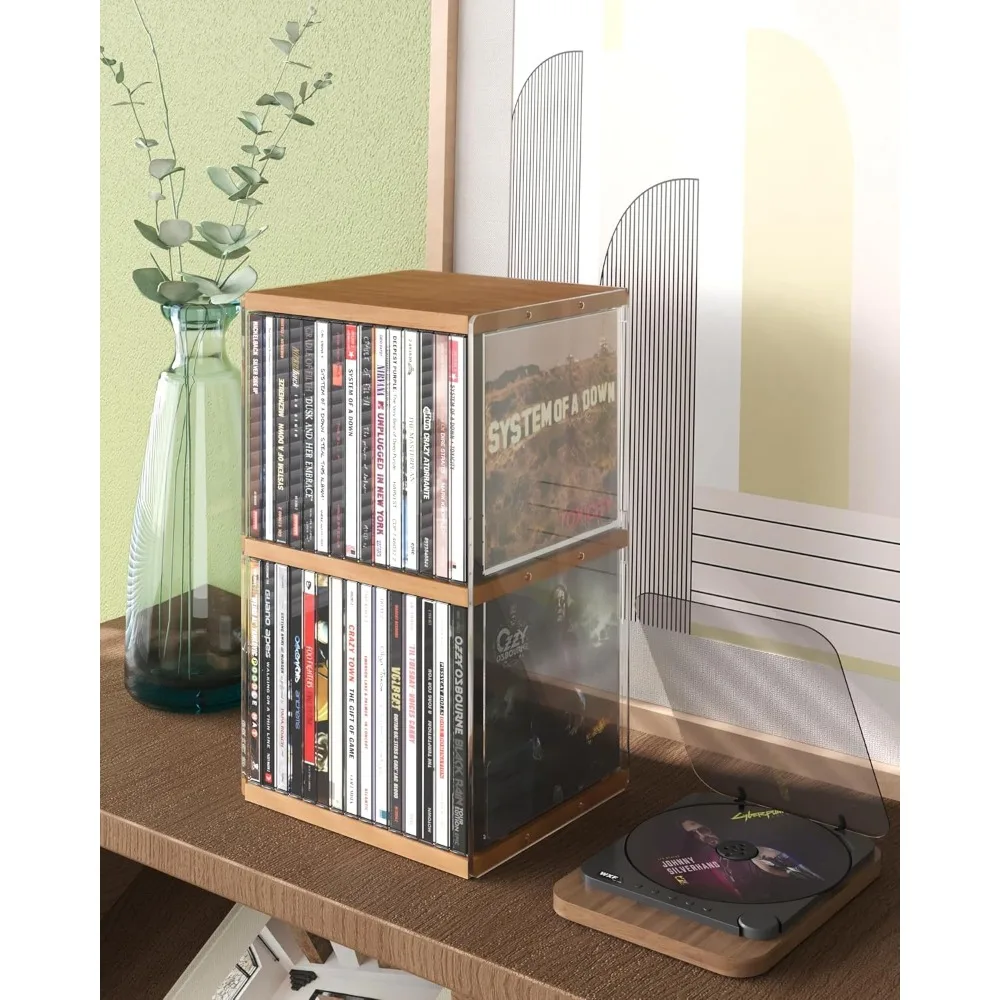 

2-Pack Retro Walnut CD Storage Rack, Holds 60 Cases, MDF and Acrylic Desk Organizer for Easy Access