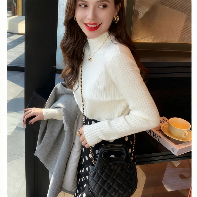 

Solid Color Semi High Neck Sweet Knitted Simple Plus Velvet Women's Sweater Autumn Winter Fashion New Warm Slim Fit Clothes 15