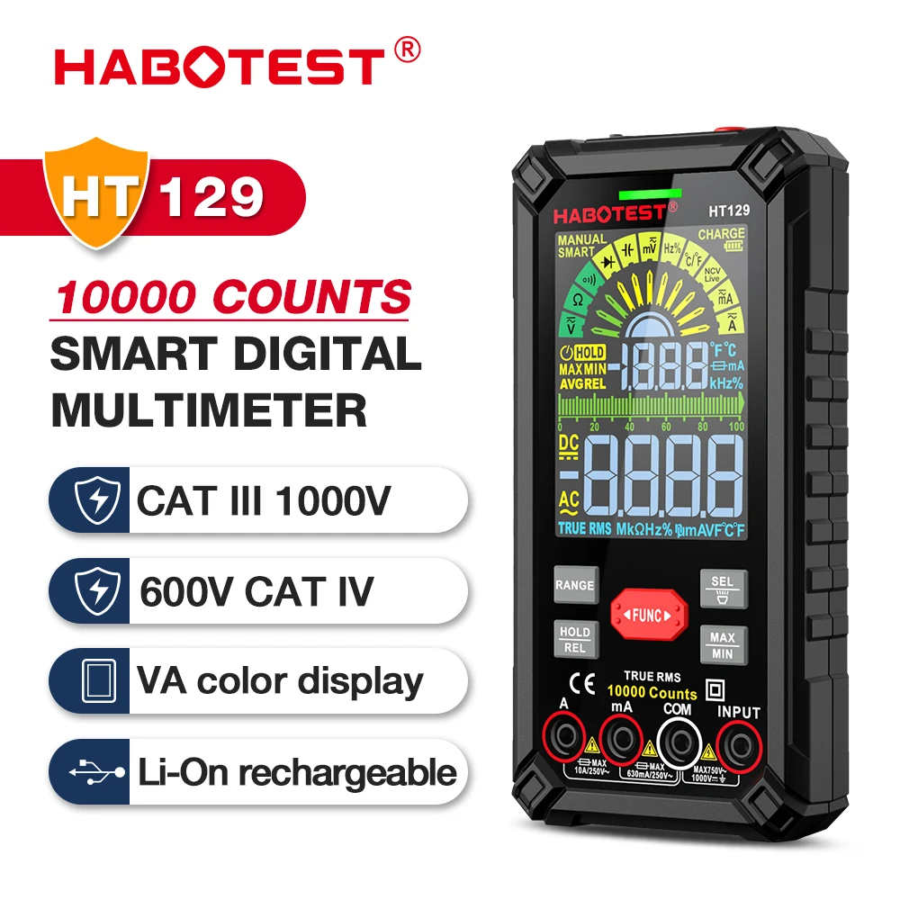 HABOTEST HT129 10000 Counts Digital Multimeter Smart Anti-burn DC AC Voltage Current True RMS Voltmeter Rechargeable Multitester