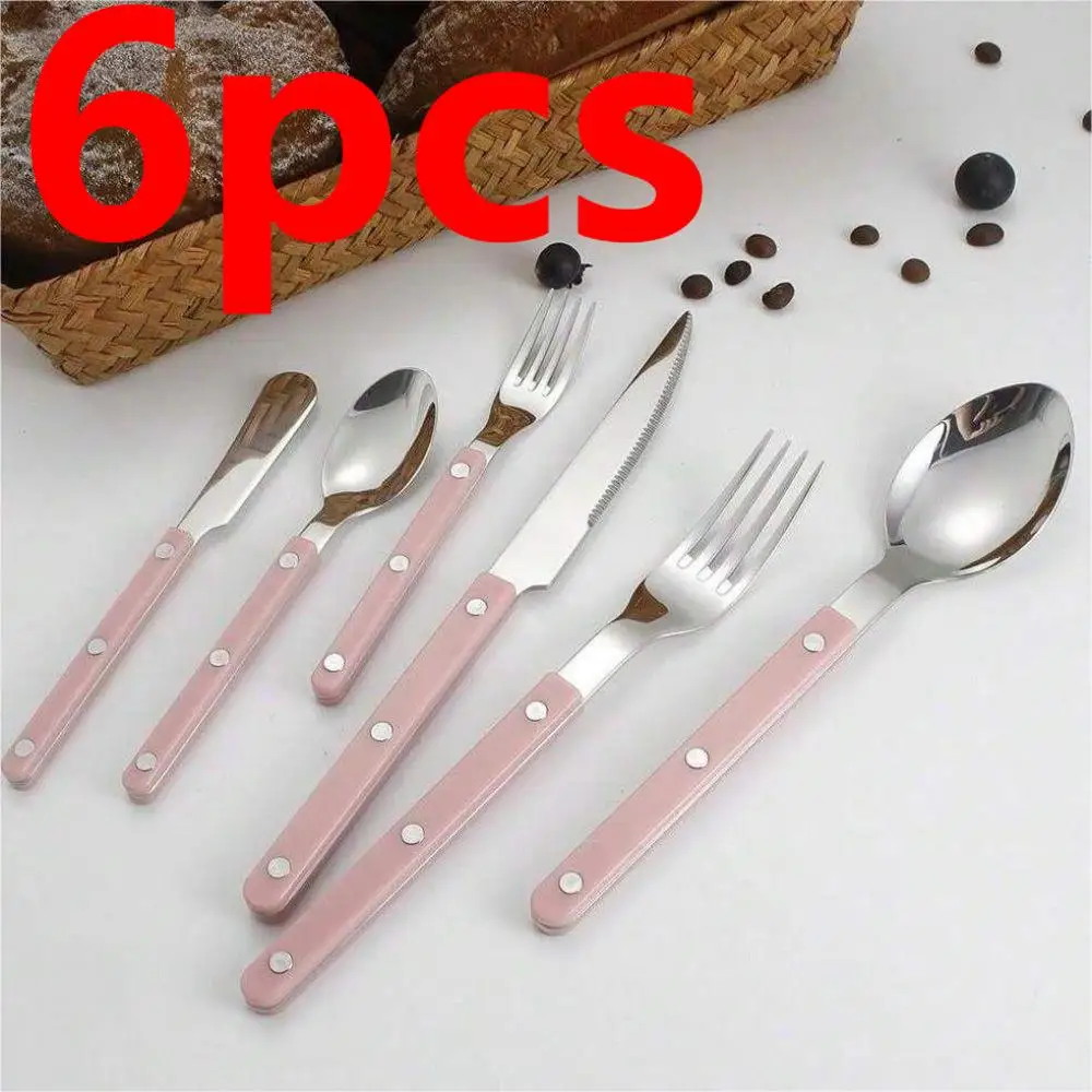 6-piece Pink nail Western tableware Set Stainless Steel ins Nordic style Western knife, fork and spoon