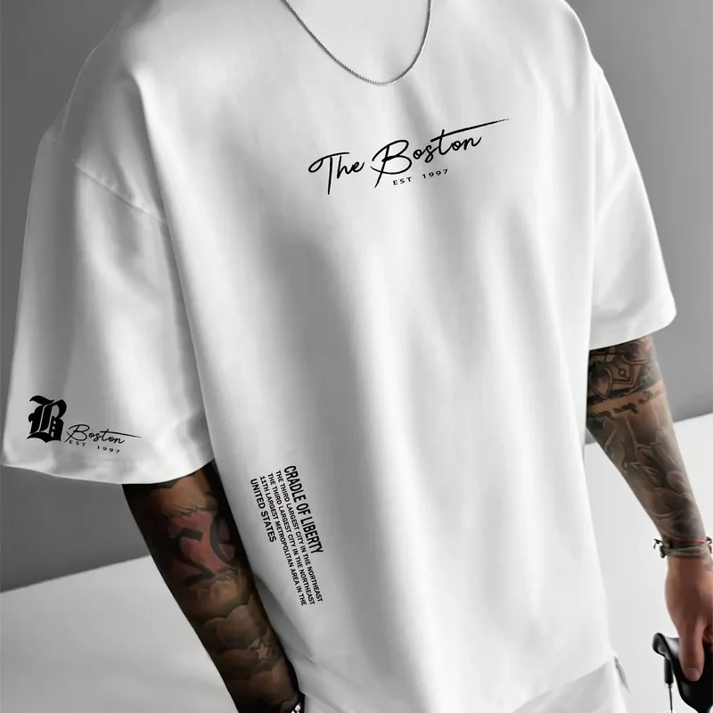 Men's Summer 100% Cotton Fashionable Casual Sports Loose Boston City Slogan Printed Round Neck Short Sleeved T-shirt Top