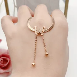 316L Stainless Steel Upscale Jewelry Matte 2-layer Butterfly Tassel Choker Blade Snake Bone Chain Necklaces Pendants For Women