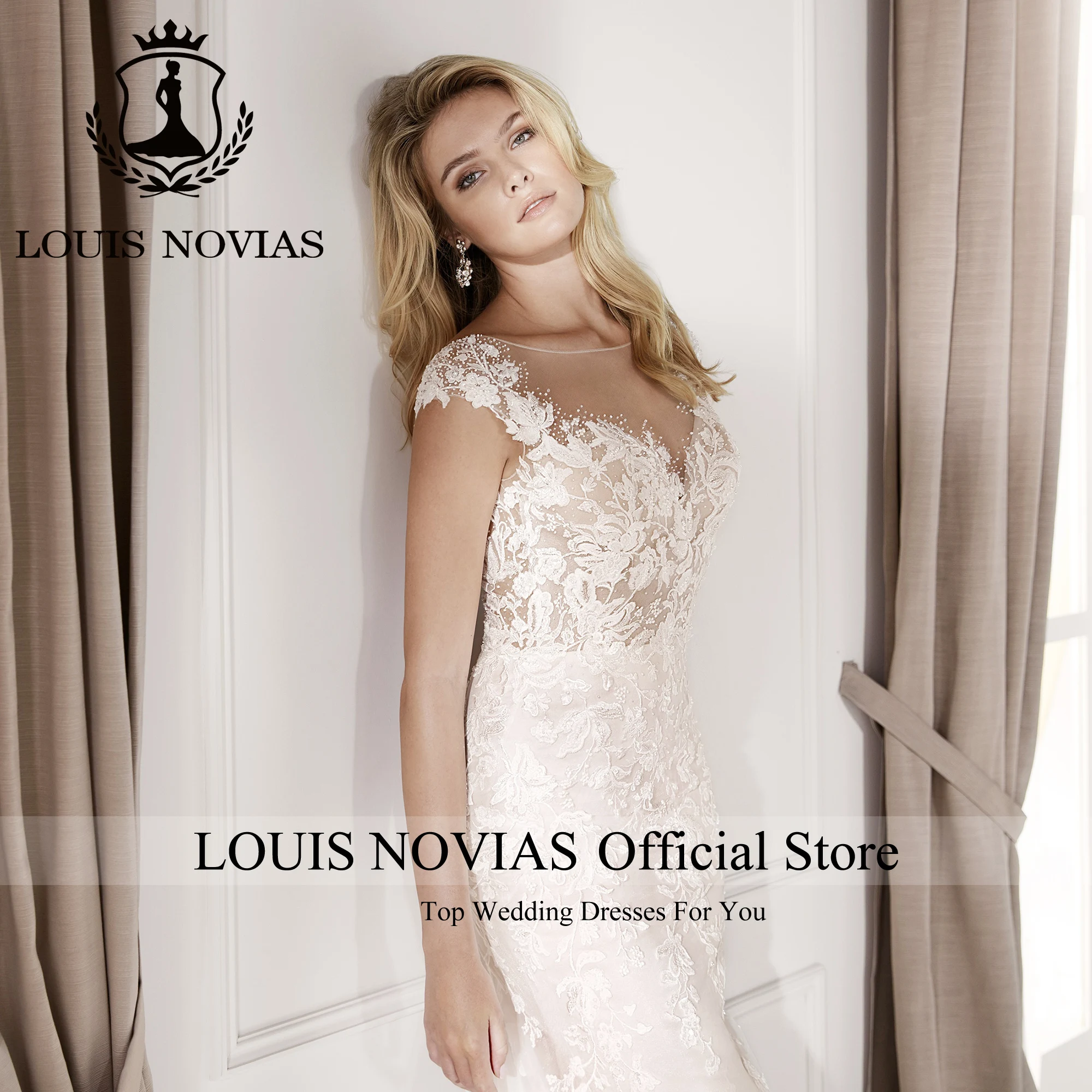 LOUIS NOVIAS ชุดเดรสเมอร์เมดสําหรับผู้หญิงเซ็กซี่เจ้าสาวแขนสั้น SCOOP Appliques ชุดแต่งงานเปลือย Vestidos De Novia