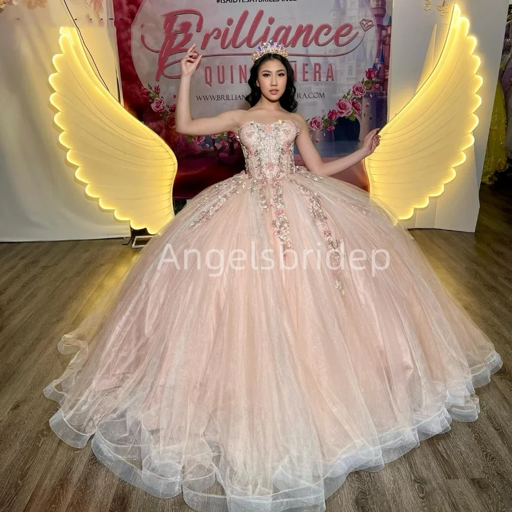 Angelsbridep 2025 Elegant Mexican Pink Ball Gown Quinceanera Dresses Appliques Sleeveless Party Dress Woman Vestidos De Festa