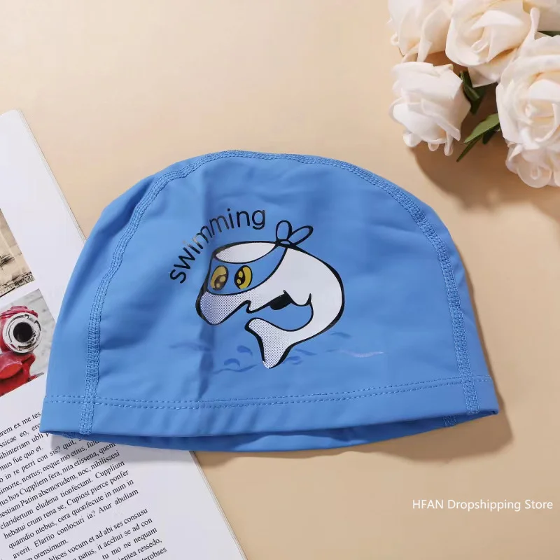 Bonnet de bain en tissu PU imperméable pour enfants, animal de dessin animé mignon, DolDave, protège les oreilles, cheveux longs, garçons, filles, bonnets de piscine, chapeau