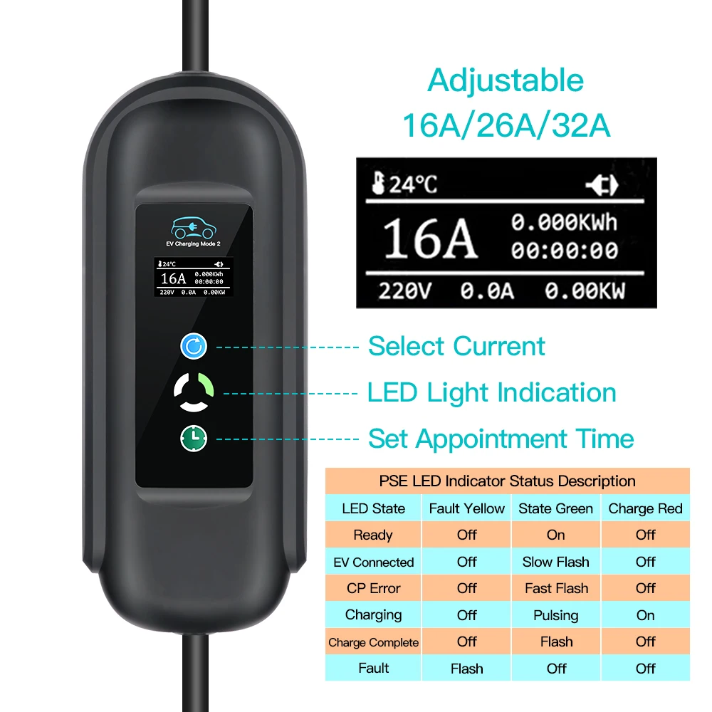 Portable EV Charger Wallbox 16A 3.6KW Type 1 SAE J1772 Standard Adjust Current Charging For Electric Vehicle Total Length 3.5M