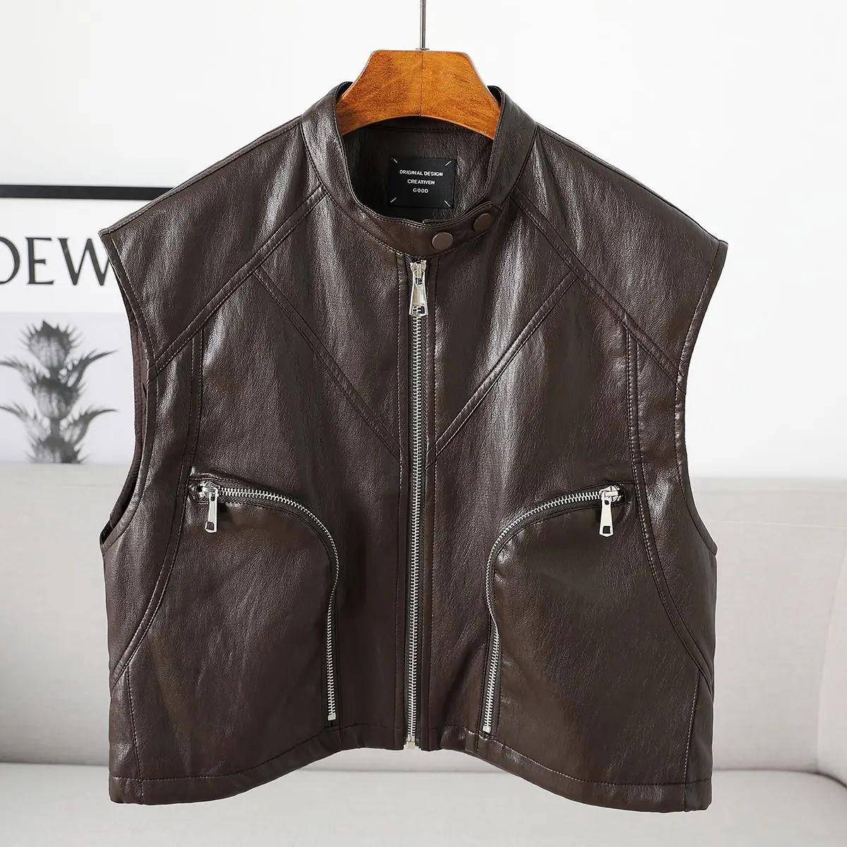 Colete de Couro PU com Gola Alta para o Outono, Novo Estilo, Jaqueta Sem Mangas Feminina