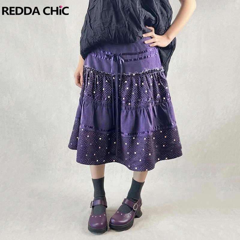 REDDACHiC Purple Polka Dots Women Skirt Bohemian Bowtie Lace Stitch A-line Elastic Waist Midi Long Skirt Vintage Everyday Wear
