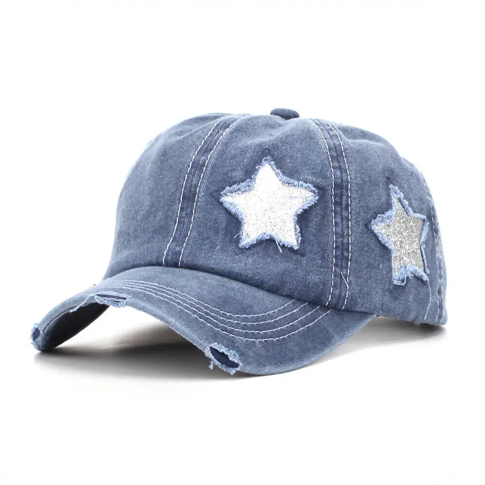 Washed Cotton Baseball Cap Ponytail Hole Vintage Distressed Hat Sequined Star Adjustable Sport Outdoor Sun Hat view 2
