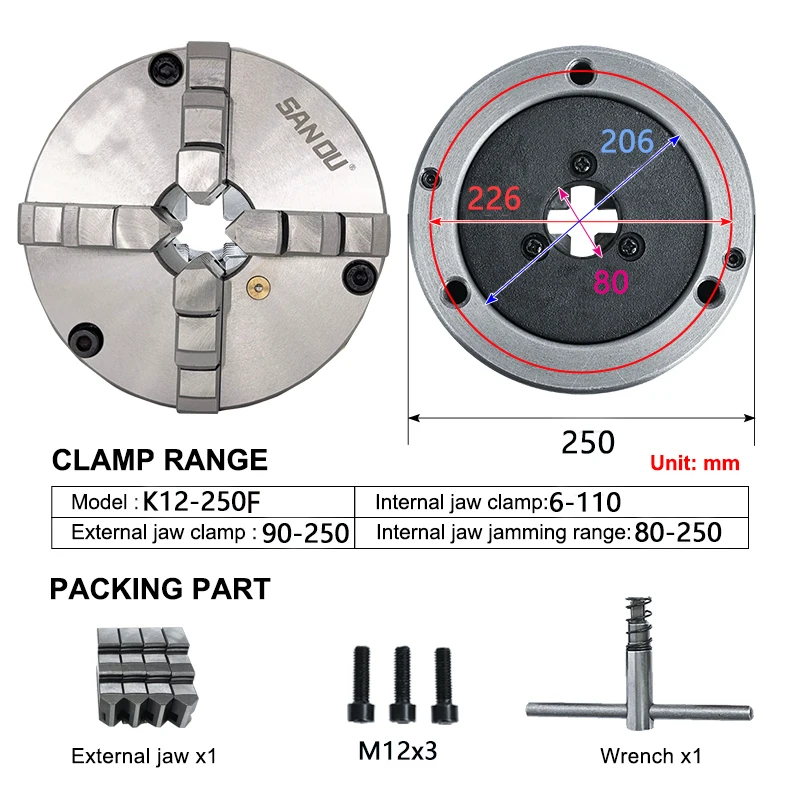 Sell Hot Front 3 Hole Scroll Chuck 250mm Original SANOU Brand Metal Lathe Chuck K12-250F For Heavy Duty Lathe