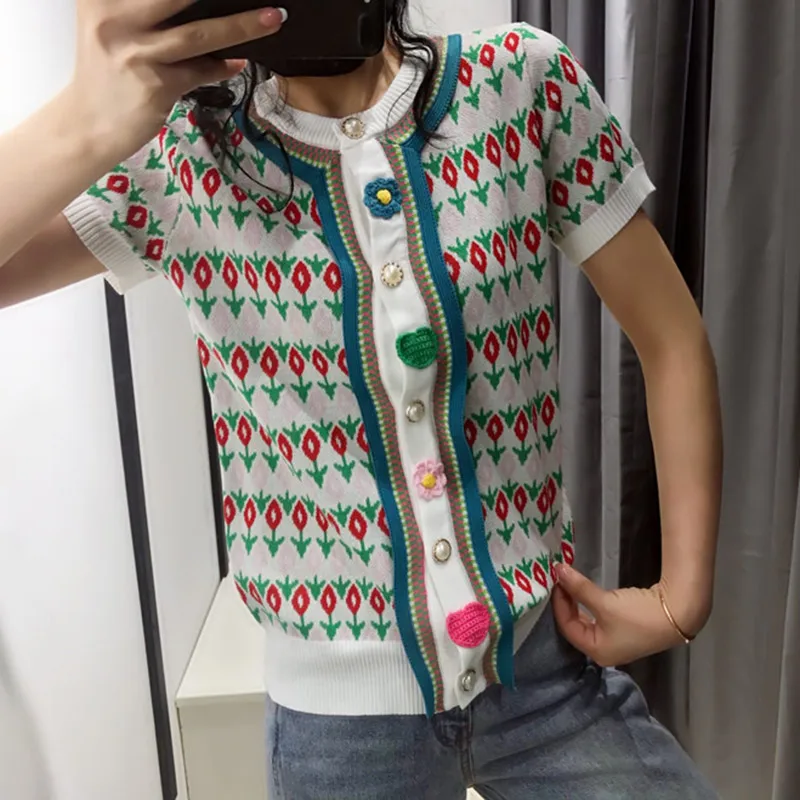 

Jacquard Knit Cardigan for Summer, Floral Tops, Thin Cardigan, Contrast Color, O-neck, Single Breasted, New