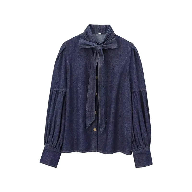 

ABRT-Womens Denim Blouse Pullover Embellished Long Puff Sleeve Jean Buttoned Vintage Shirts Tops Navy Blue L