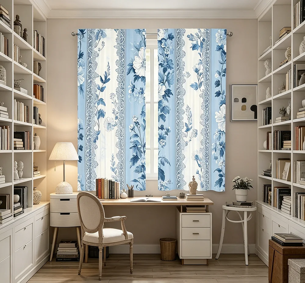 2PCS Digital Printed Curtains, Blue White Lace Pattern, Vintage French Romantic Style for Living Room Bedroom Home Decor