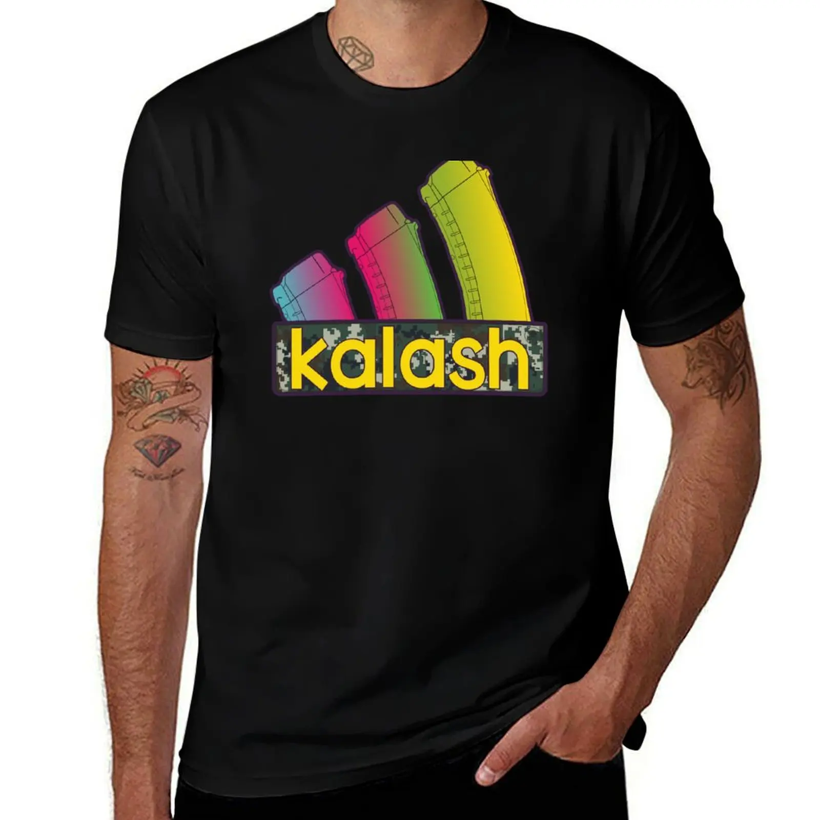 

Colorful Kalash three AK assault rifle magazines T-Shirt vintage graphic tee oversizeds Short sleeve tee designer t shirt men