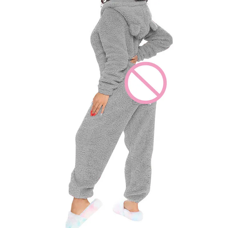 Sexy Opening Winter Pajamas Women Coral Fleece Onesies Homewear Pijama Thickened Velvet Warm Plush Pajamas Hooded Jumpsuits