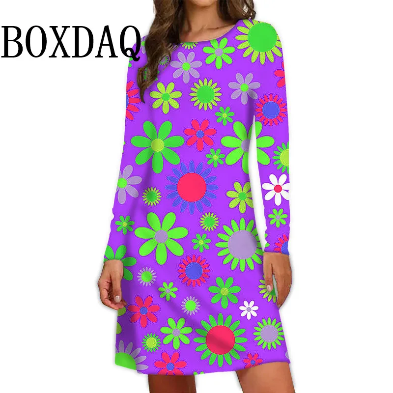 Colorful Flower Power Print Dresses Women Retro Style Hippy Vintage A-Line Dress Fashion Casual Long Sleeve Autumn Loose Dress