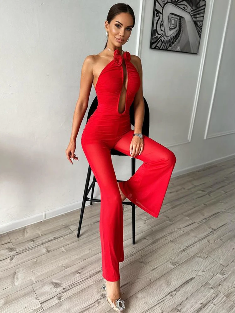 PB Woman Romantic Mesh Jumpsuit Deep V Plunge Stero Flowers Open Back Sleeveless Loose Wide Leg Rompers Night Club Prom Outfits