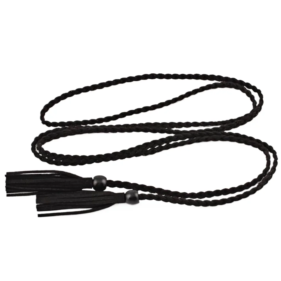 Black Thin Braided Leather Belt Women Red Tassel Ladies Belts for Dresses Long 155cm Fashion Lace-up Female Belt Beige Camel