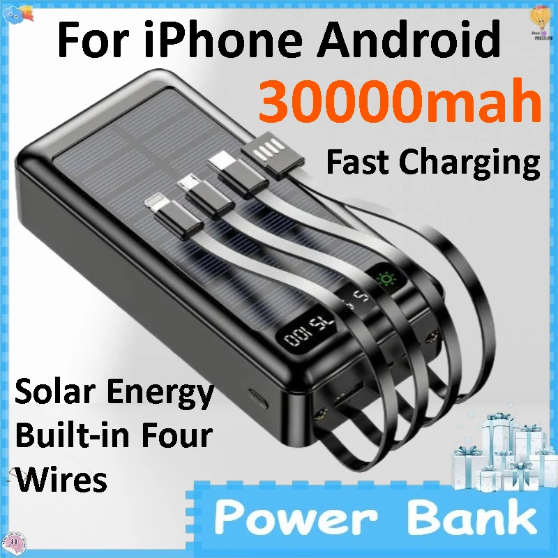 

30000mAh Solar Power Bank Large Capacity Built-in Cable Portable External Battery Fast Charger for IPhone Android