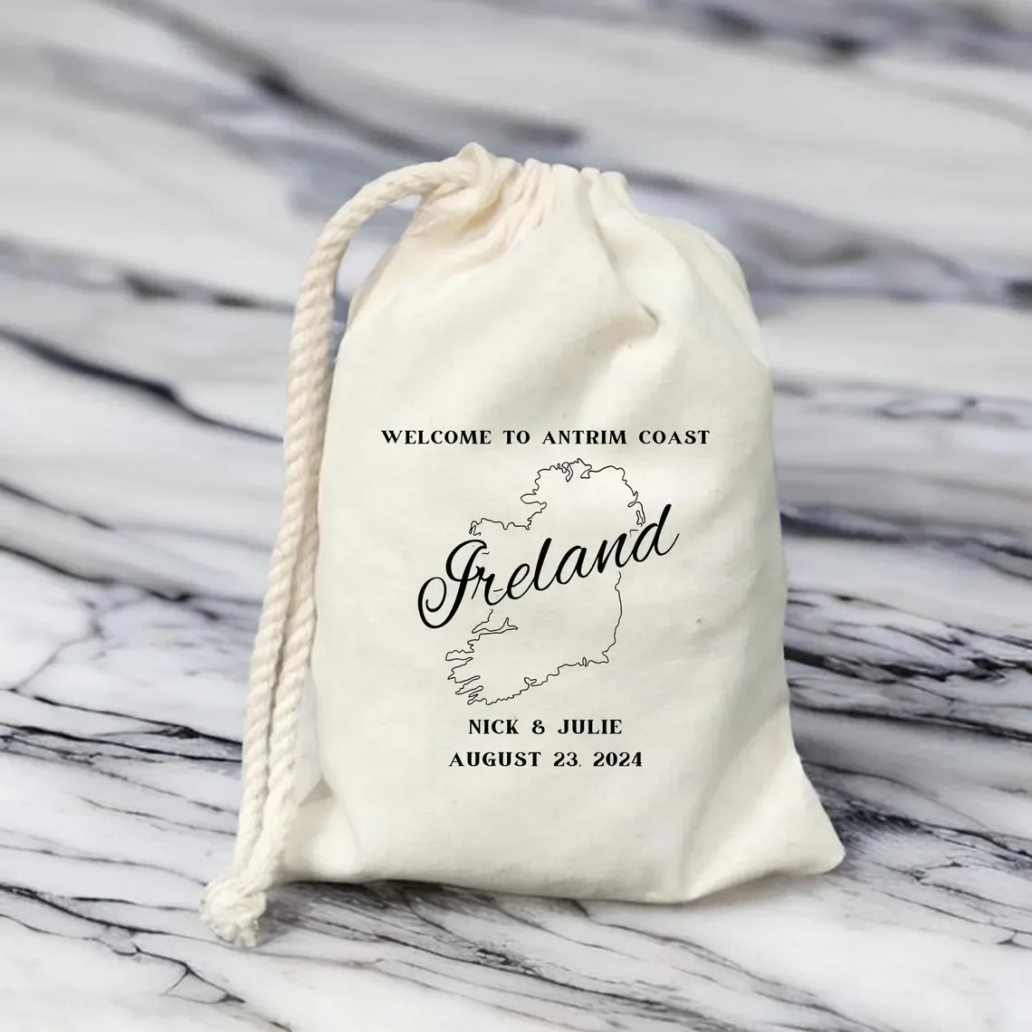 Personalized Welcome To Antrim Coast Bag, Ireland Destination Wedding Favors, Ireland Country Outline Map Bag, Beach Wedding Par