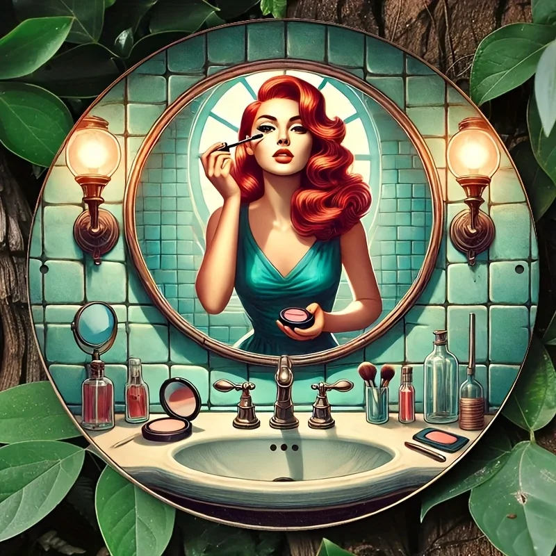 Room Decor 1pc of 8 X 8 Inch (20 X 20 Cm) Vintage Women'S Bathroom Makeup Metal Tin Sign, Round Aluminum Wall Art Sign in Retro