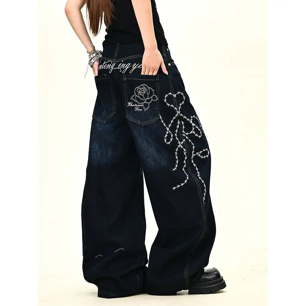 

Women Y2k Jeans New Bottoms Embroidery Floral Wide Leg Pants High Waist Vintage Denim Trousers Casual Fashion Pantalon Femme