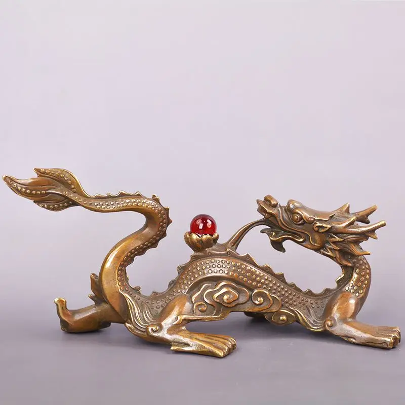 Full Brass Reverse Dragon Antique Patina Blue Dragon Pearl Playing Bronze Ware Office Foyer Decoration Copper Dragon Ornaments