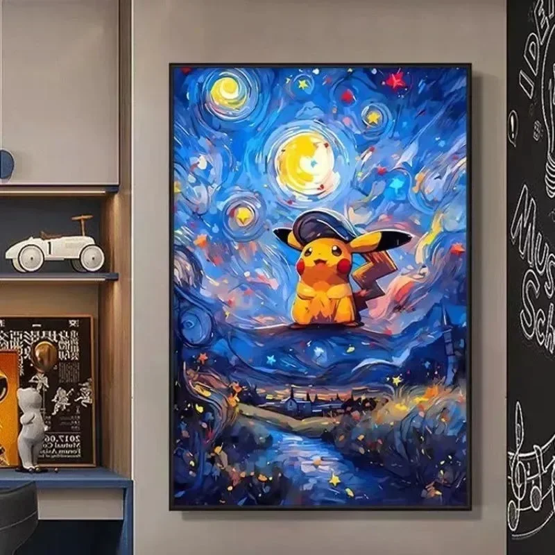 Van Gogh Sternen himmel Anime Figuren Tasche Monster Pikachu Aquarell Malerei Leinwand Poster druckt Wand kunst Bild Wohnzimmer