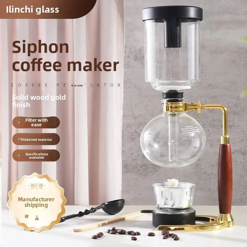 Borosilicate glass siphon coffee machine with wooden handle and gold frame, hand brewed, gift box