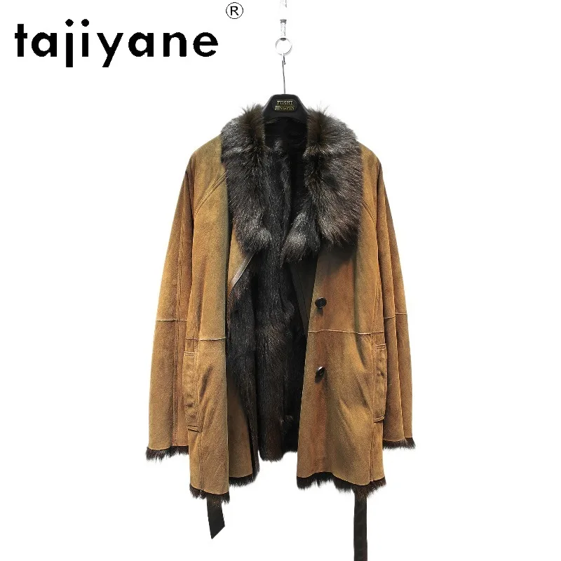 TAJIYANE Luxury Goat Shearling Real Fur Coat Women Stand Collar Outerwear Mid Length Real Fur Jacket Belted Overcoat Warm Пальто