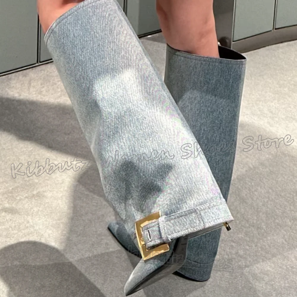 

Denim Cloth Knee High Boots Belt Buckles Solid Color Leopard Slip-On Fashion Novelty Sexy Elegant Concise Spicy Girls Shoes New