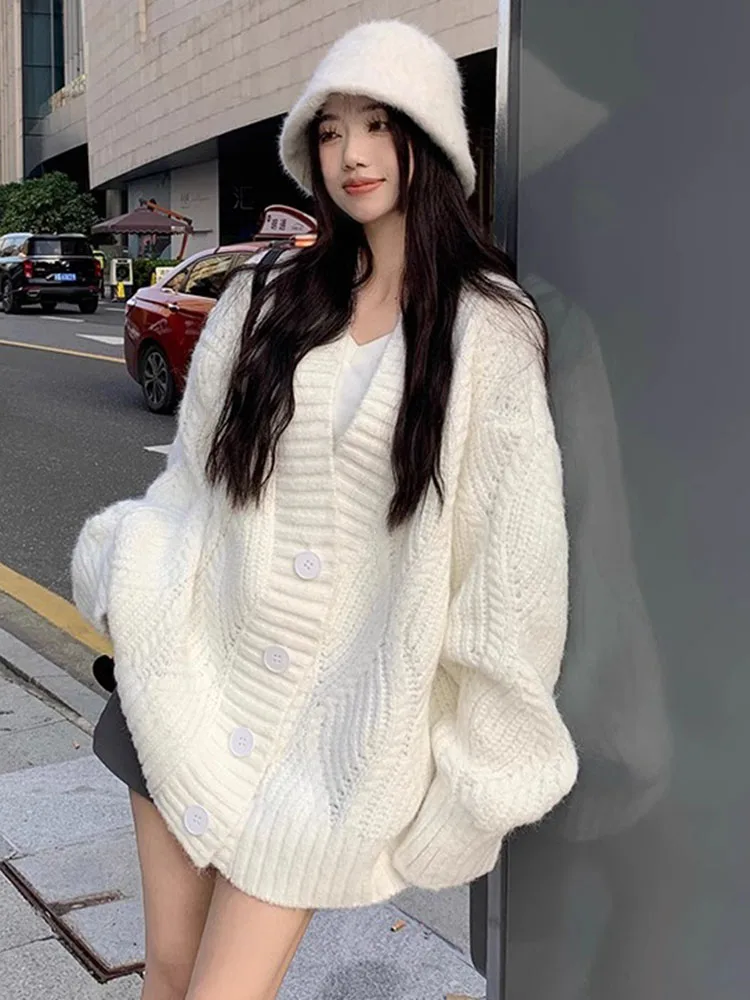 Zoki Lazy Wind Streetwear Cardigan Sweaters Women Oversize Long Sleeve Vintage Knitted Coat Fall Loose Korean Casual V Neck Tops