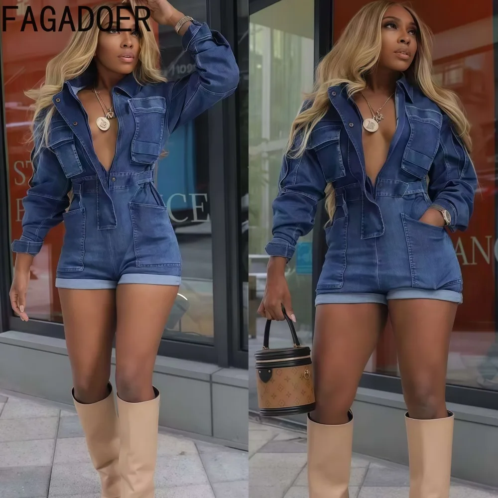 FAGADOER Retro Fashion Bodycon Denim Rompers Women Wash Cargo Pocket Patchwork Jumpsuits Female Streetwear Overalls 2025 New
