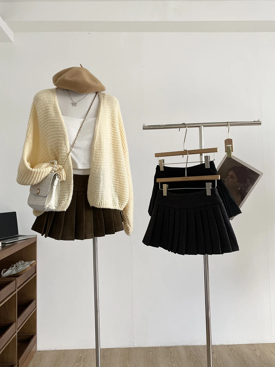 2025 Autumn Winter Korean Style  A-Line Skirt Women Commute Anti-Light Woolen Pleated Skirt Slimming High Waist Polyester...