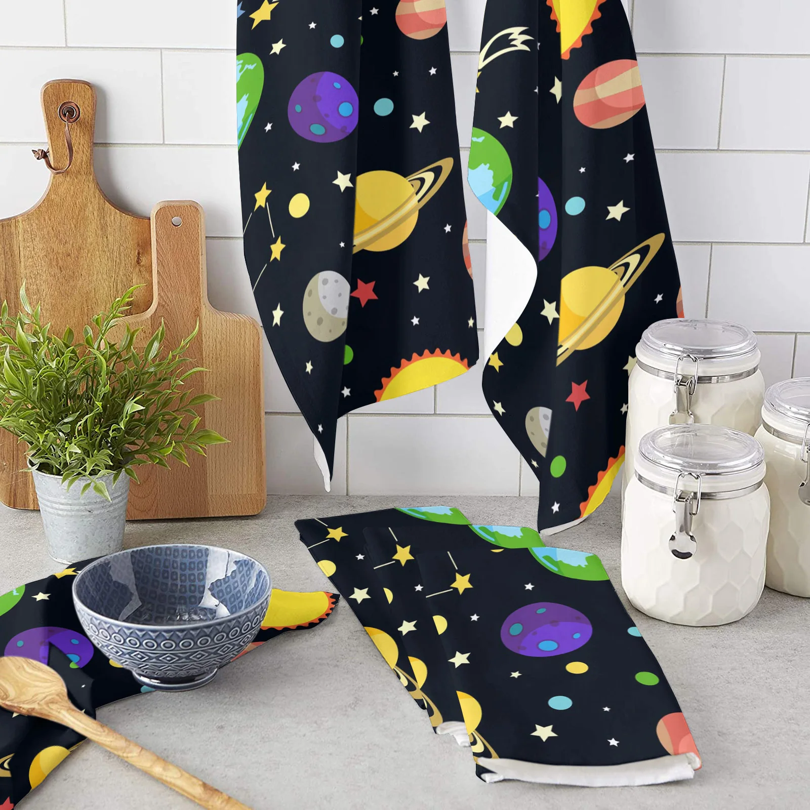 Cartoon Planet Universe Galaxy Microfiber Kitchen Hand Towel Dish Cloth Tableware Household Cleaning Towel Utensils for Kitchen