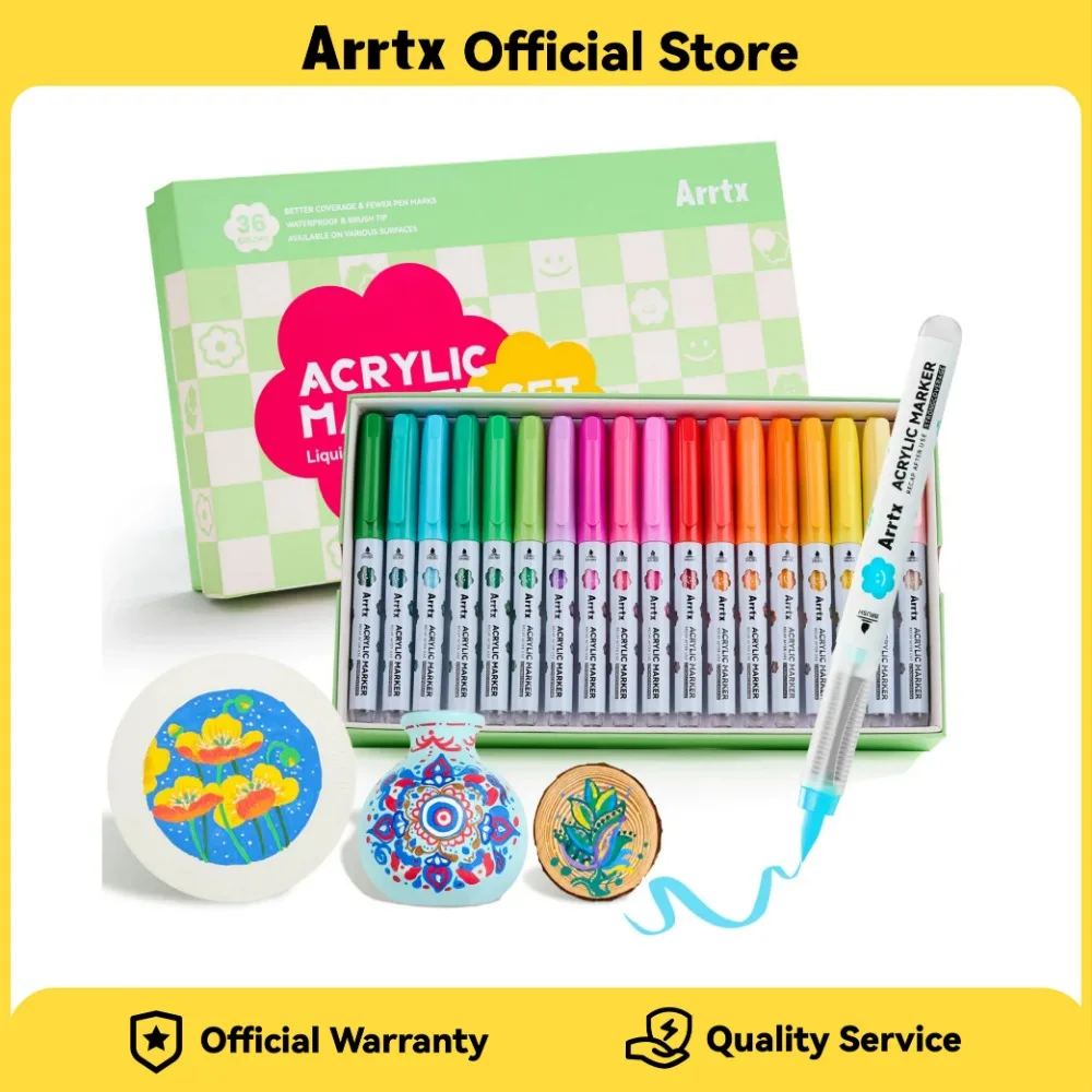 Arrtx 36/60 Colors  Direct Liquid Ink Acrylic Paint Pens Brush Tip for Rock Painting Stone, Glass, Egg, Wood, DIY Crafts