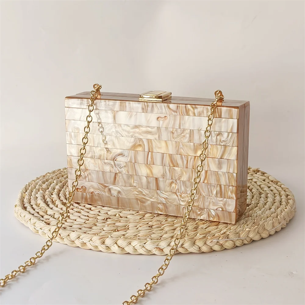 Pearl Light Brown Marble Striped Acrylic Box Clutch Evening Wedding Party Bride Purse Bags Handbag Gif Summer Mini Female Flap