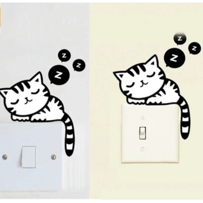 

1PC Funny Cute Cat Sleeping Switch Stickers PVC Waterproof Removeable Reuse Wall Stickers Home Decoration Bedroom Living Room