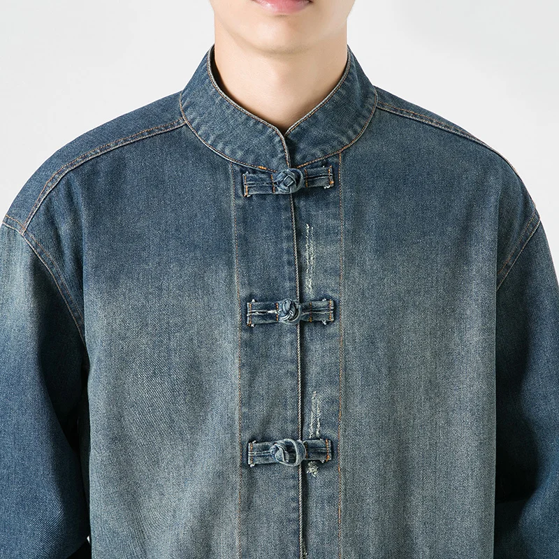 2023 Autumn Mens Chinese Style Tang Suit Washed Denim Top Stand Collar Jacket Denim Jacket Men Casual Cotton Coat Jacket Men