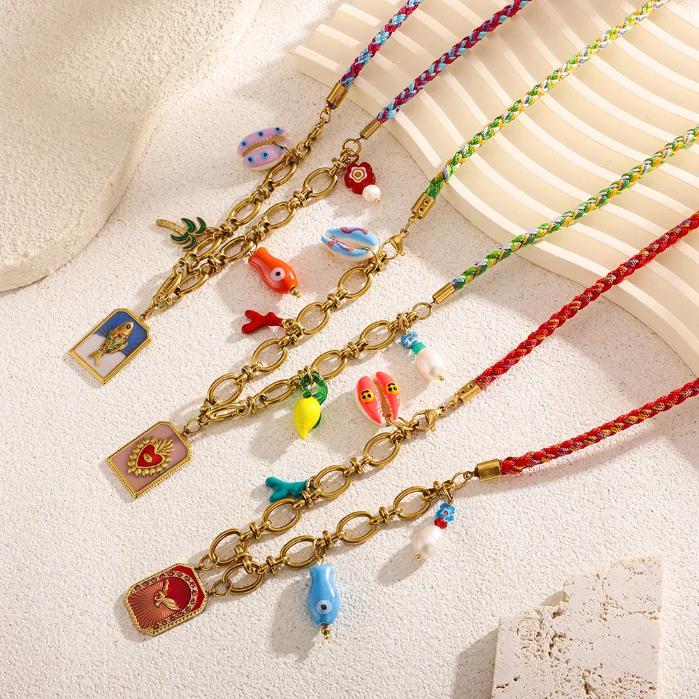 

Stainless Steel Colorful Rope Woven Chain Necklace Trendy Drip Oil Coconut Tree Ceramics Fish Colorfast Pendant Multiple Jewelry