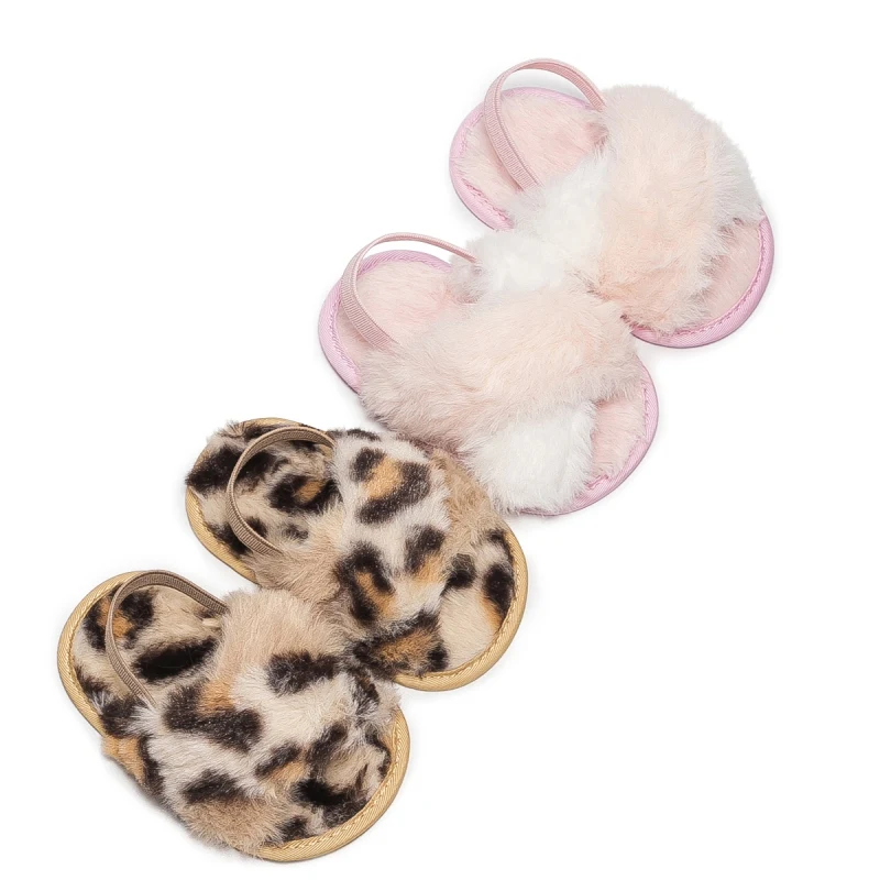 Sandales en peluche léopard pour bébés filles, diapositives en fausse fourrure, chaussures coordonnantes pour nouveau-nés, pantoufles d'intérieur et d'extérieur pour bébés, 0-18M