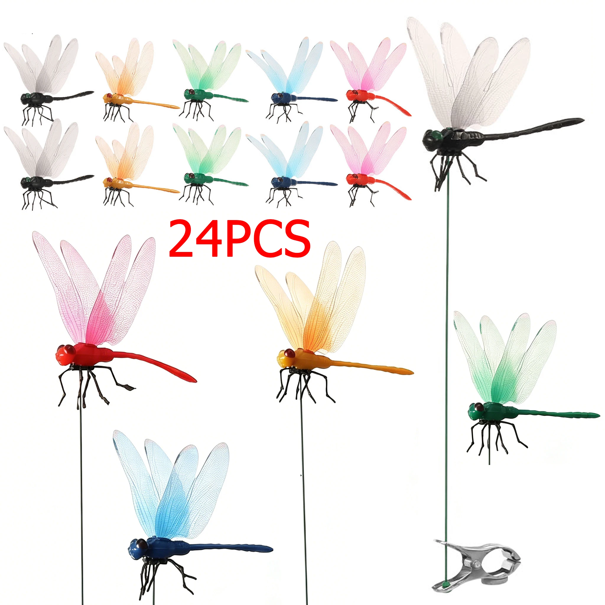24Pcs Artificial Dragonfly Clip Garden Decor Stakes Lifelike Outdoor  Bug Deterrent 3D Dragonfly Hat Clip Bug Repellent