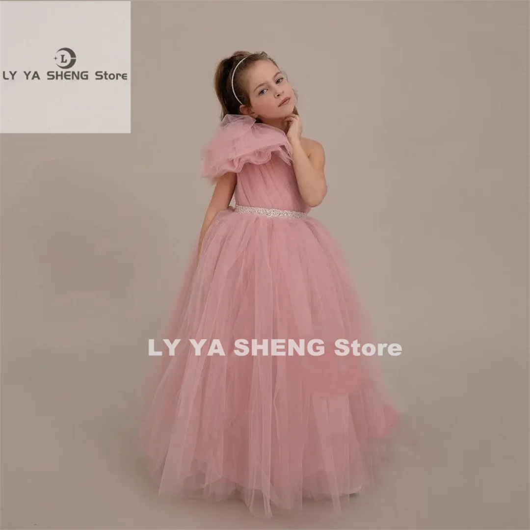 Pink Tulle Fluffy Flower Girl Dress For Wedding One Shoulder Beading With Bow Kids Birthday Party Ball Gown First Communion Wear