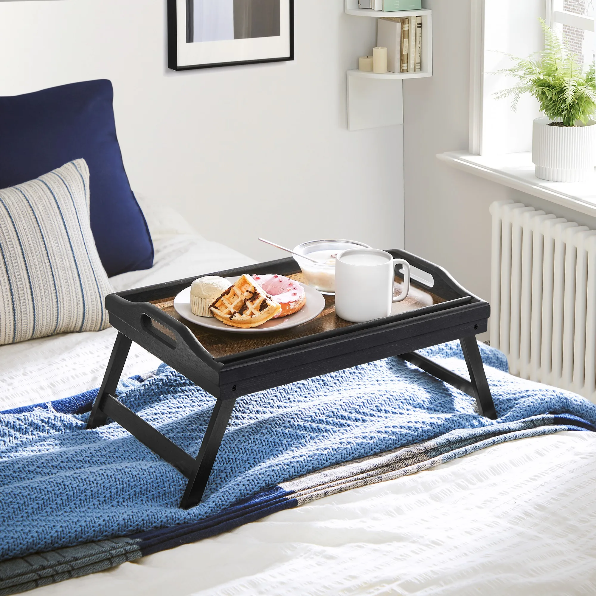 SONGMICS Bed Tray Table with Bamboo Folding Legs, Breakfast Tray for Sofa, Bed, Serving Snack Tray with Groove for Phone Tablet